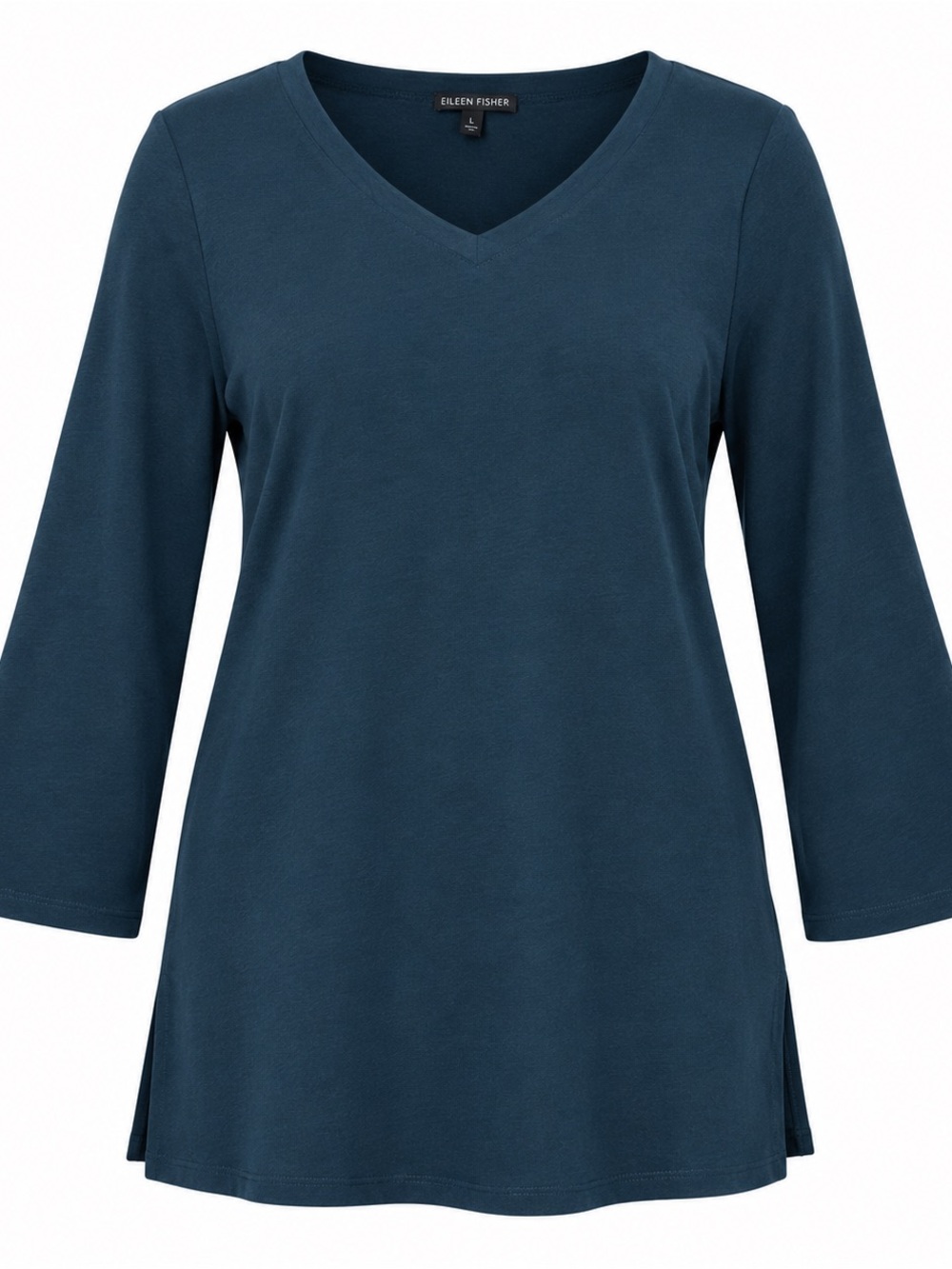 Eileen Fisher Large V-Neck Crepe Tunic Teal Oversized Stretchy Side Splits Top